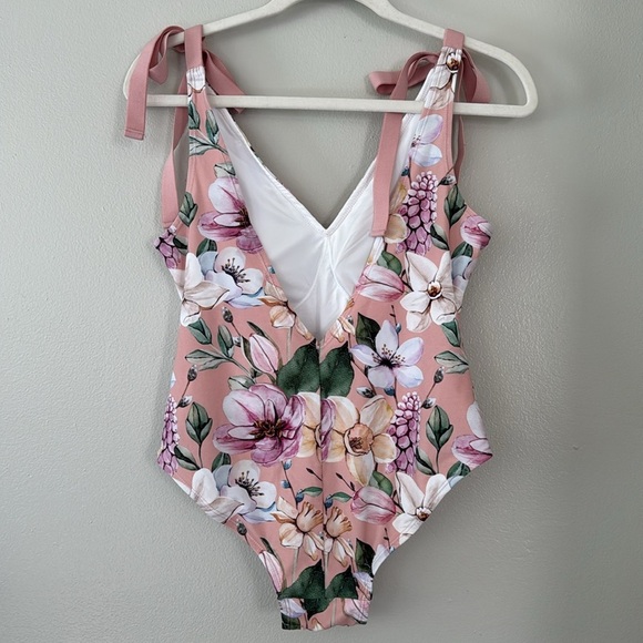 Posh Peanut Raina Tie Strap V Neck One Piece - Pink Floral - Picture 4 of 7